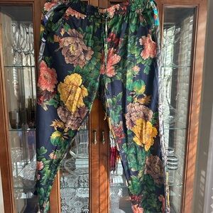 Johnny Was Navy Floral Jogger Pants with Yellow & Green Blooms
